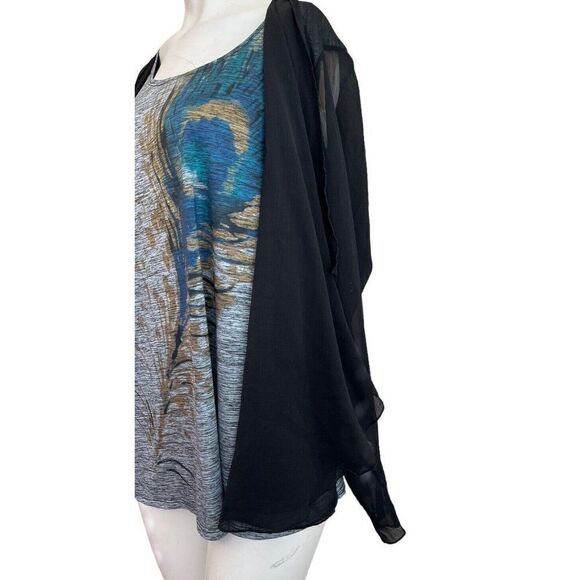 Ladies Large One Piece Blouse Peacock Feather Attached Cardigan Sheer Sleeves - Picture 4 of 8